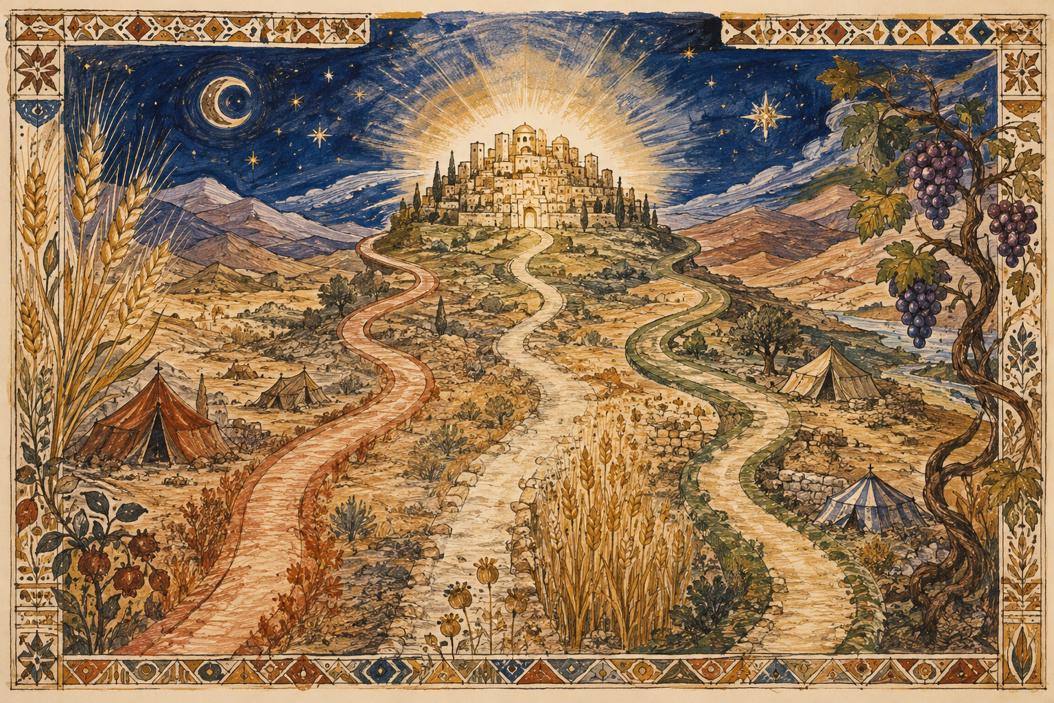 AI concept map artwork showing pilgrimage paths gathering at a luminous city