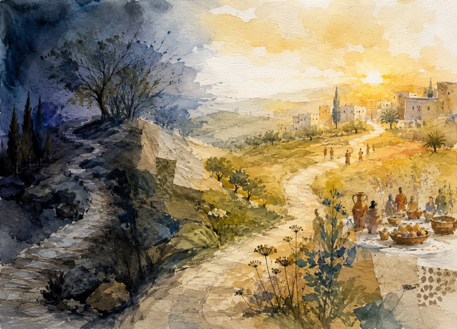 AI concept watercolor inspired by Re’eh, with two paths moving from shadow into light